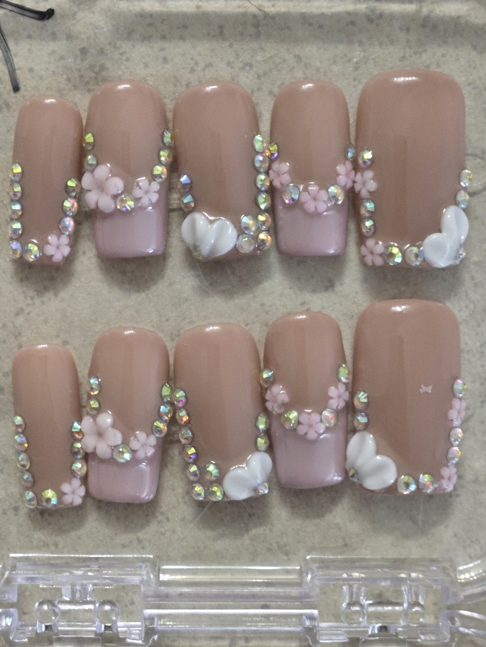 Nude Pink Floral Press-On Nail Set with Rhinestones, Medium Length Square